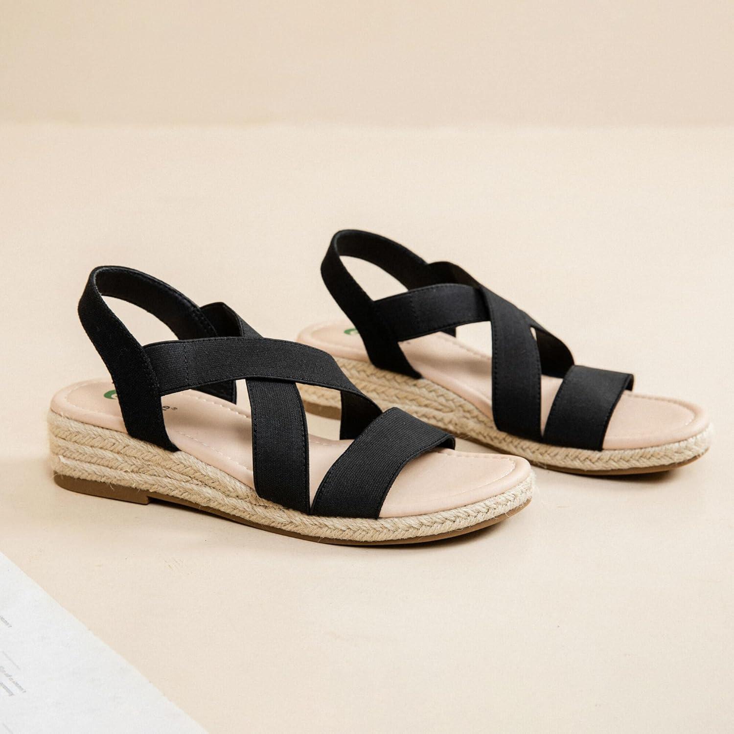 image:imageAtaiwee Sandales compenses plateforme pour femmesSandales compenses espadrilles dt dcontractes avec bride de cheville lastique et bout ouvertFr2507003 Noir