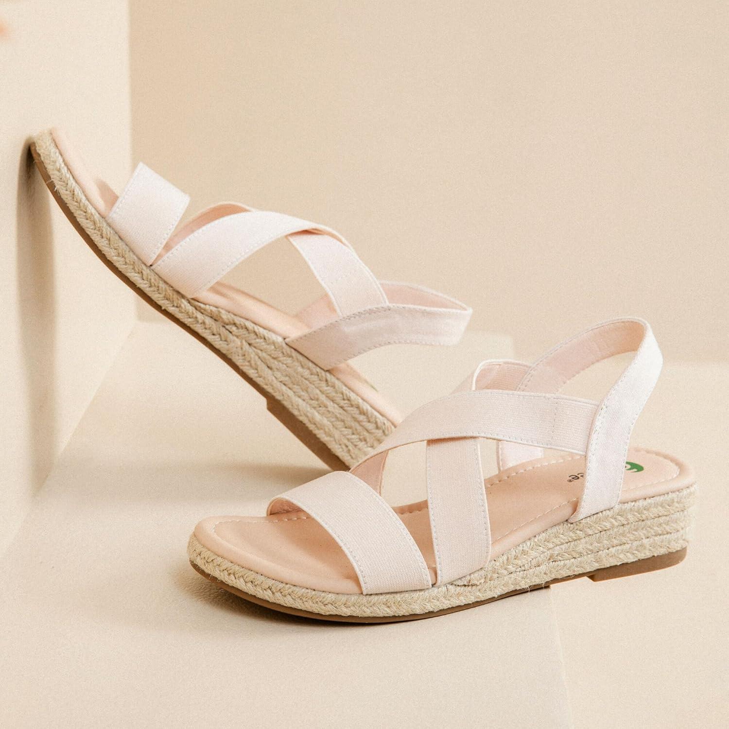 image:imageAtaiwee Sandales compenses plateforme pour femmesSandales compenses espadrilles dt dcontractes avec bride de cheville lastique et bout ouvertFr2507003 Amande
