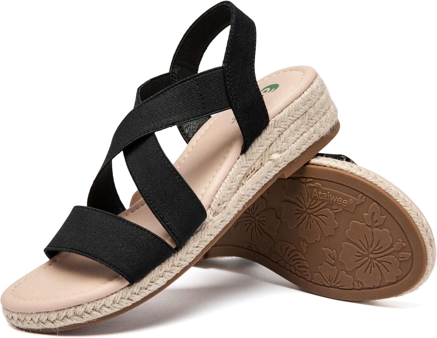 image:imageAtaiwee Sandales compenses plateforme pour femmesSandales compenses espadrilles dt dcontractes avec bride de cheville lastique et bout ouvertFr2507003 Noir