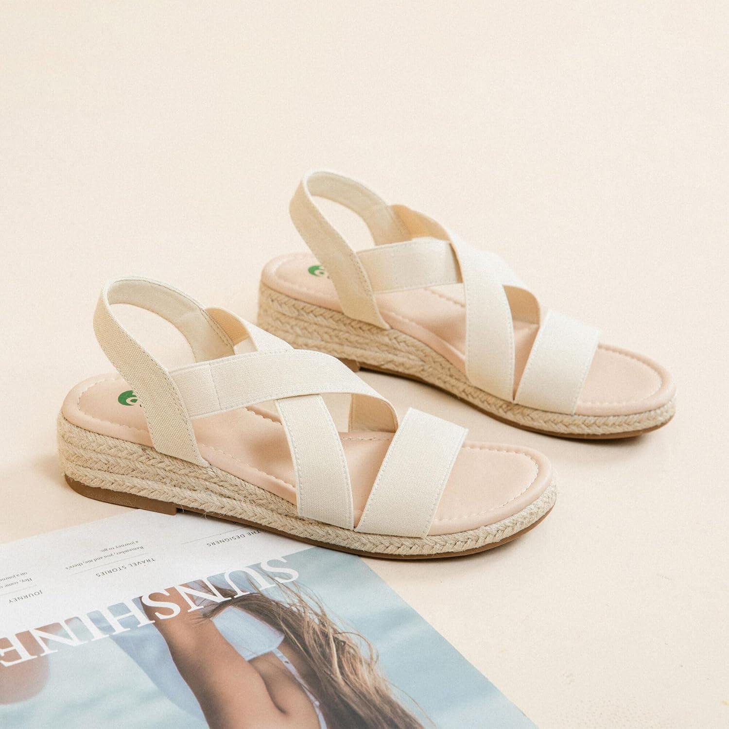 image:imageAtaiwee Sandales compenses plateforme pour femmesSandales compenses espadrilles dt dcontractes avec bride de cheville lastique et bout ouvertFr2507003 Beige