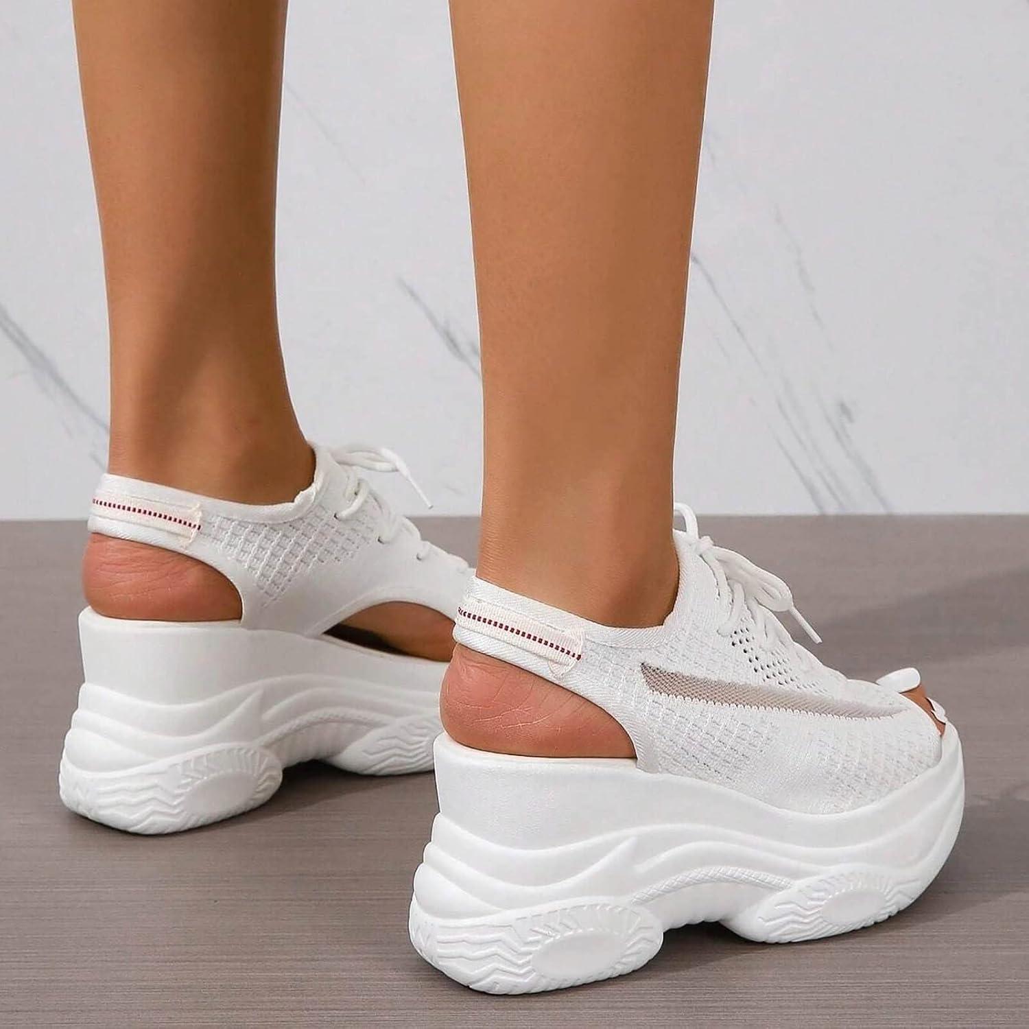 image:imageFemmes Baskets Sandales de sport lacets en tissu pour femmes t Compenses Plateforme Bout OuvertBlanc