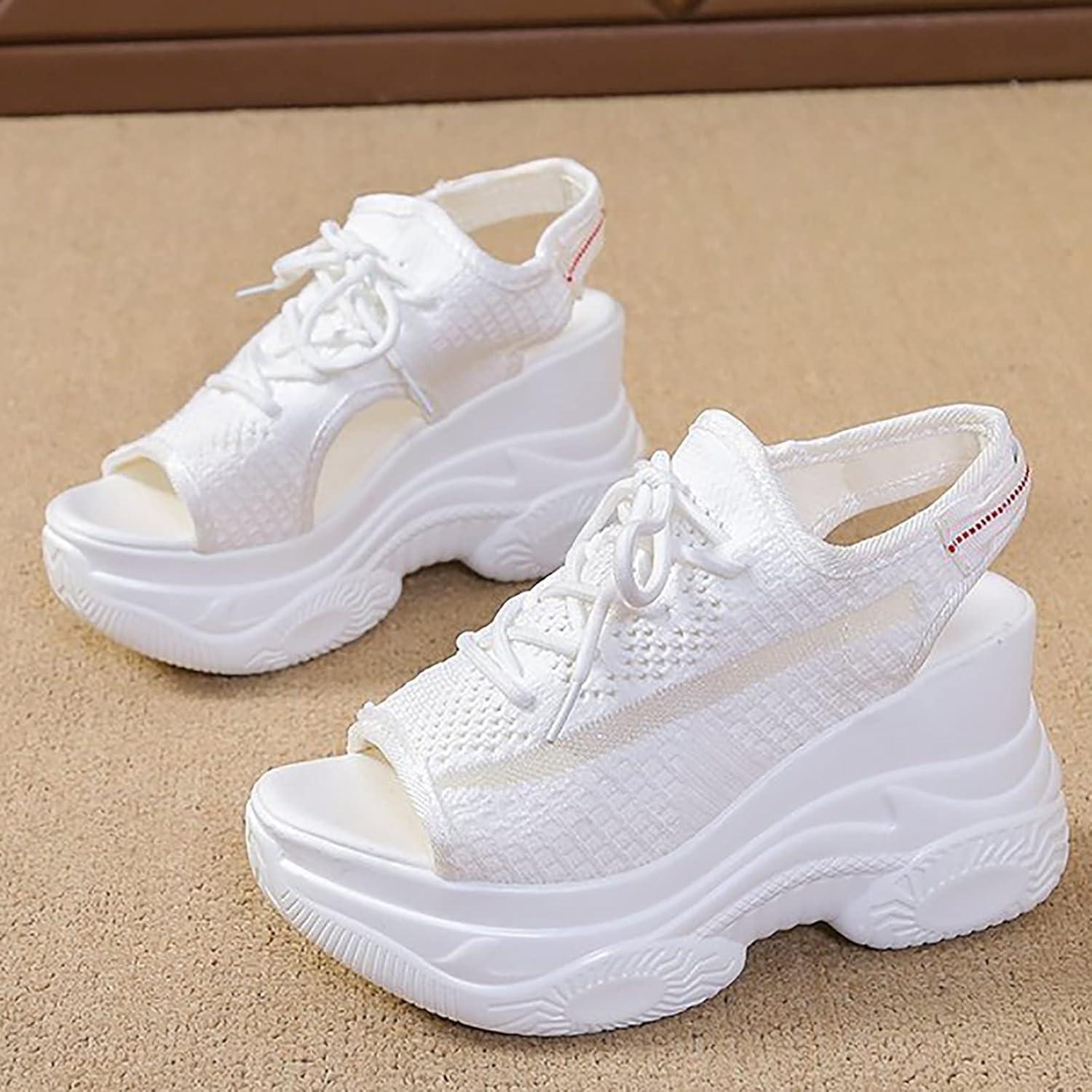 image:imageFemmes Baskets Sandales de sport lacets en tissu pour femmes t Compenses Plateforme Bout OuvertBlanc