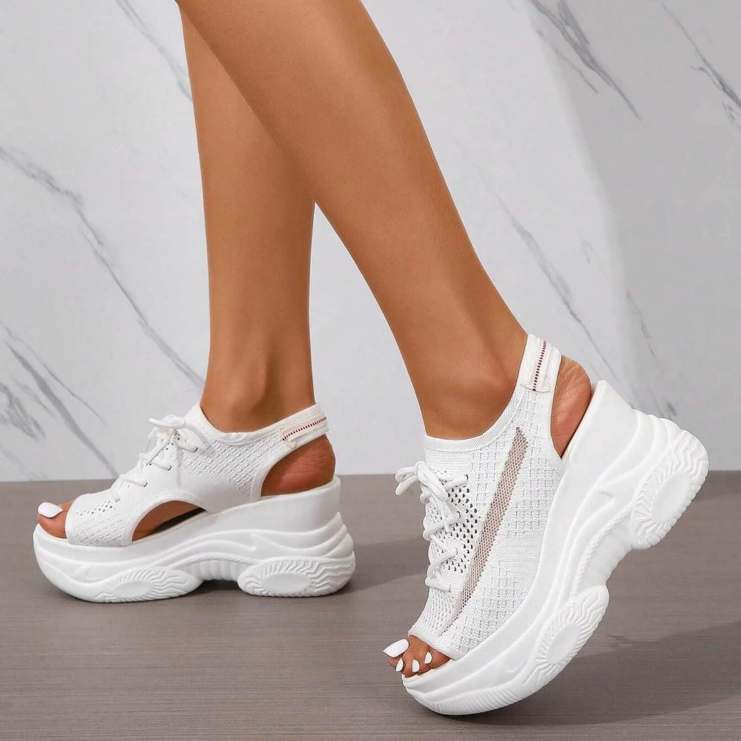 image:imageFemmes Baskets Sandales de sport lacets en tissu pour femmes t Compenses Plateforme Bout OuvertBlanc