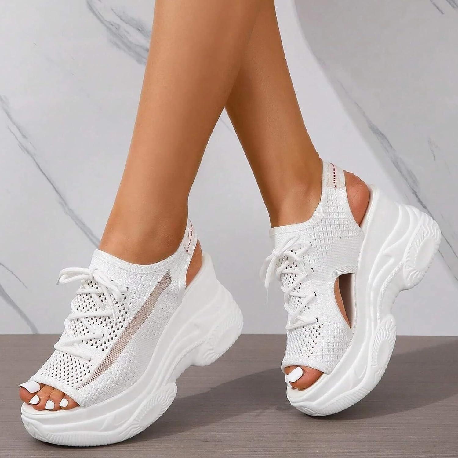image:imageFemmes Baskets Sandales de sport lacets en tissu pour femmes t Compenses Plateforme Bout OuvertBlanc