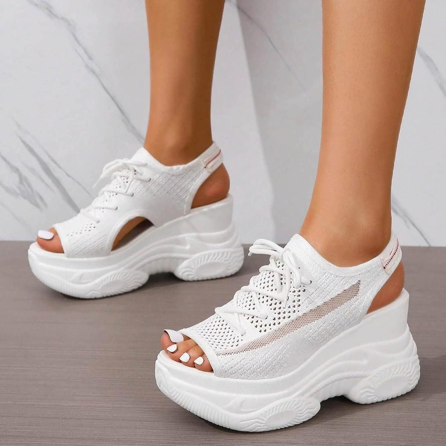 image:imageFemmes Baskets Sandales de sport lacets en tissu pour femmes t Compenses Plateforme Bout OuvertBlanc