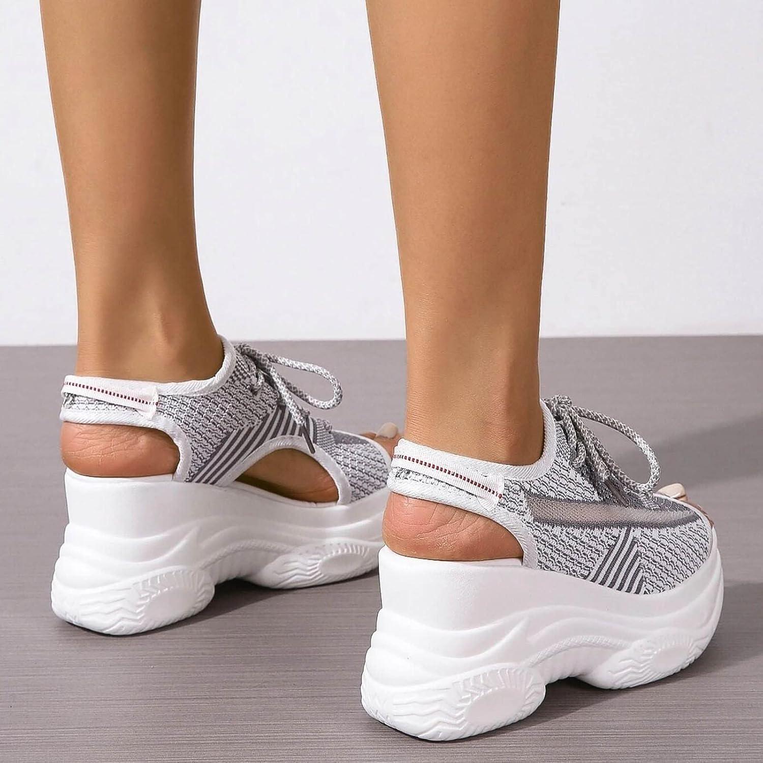 image:imageFemmes Baskets Sandales de sport lacets en tissu pour femmes t Compenses Plateforme Bout OuvertGris