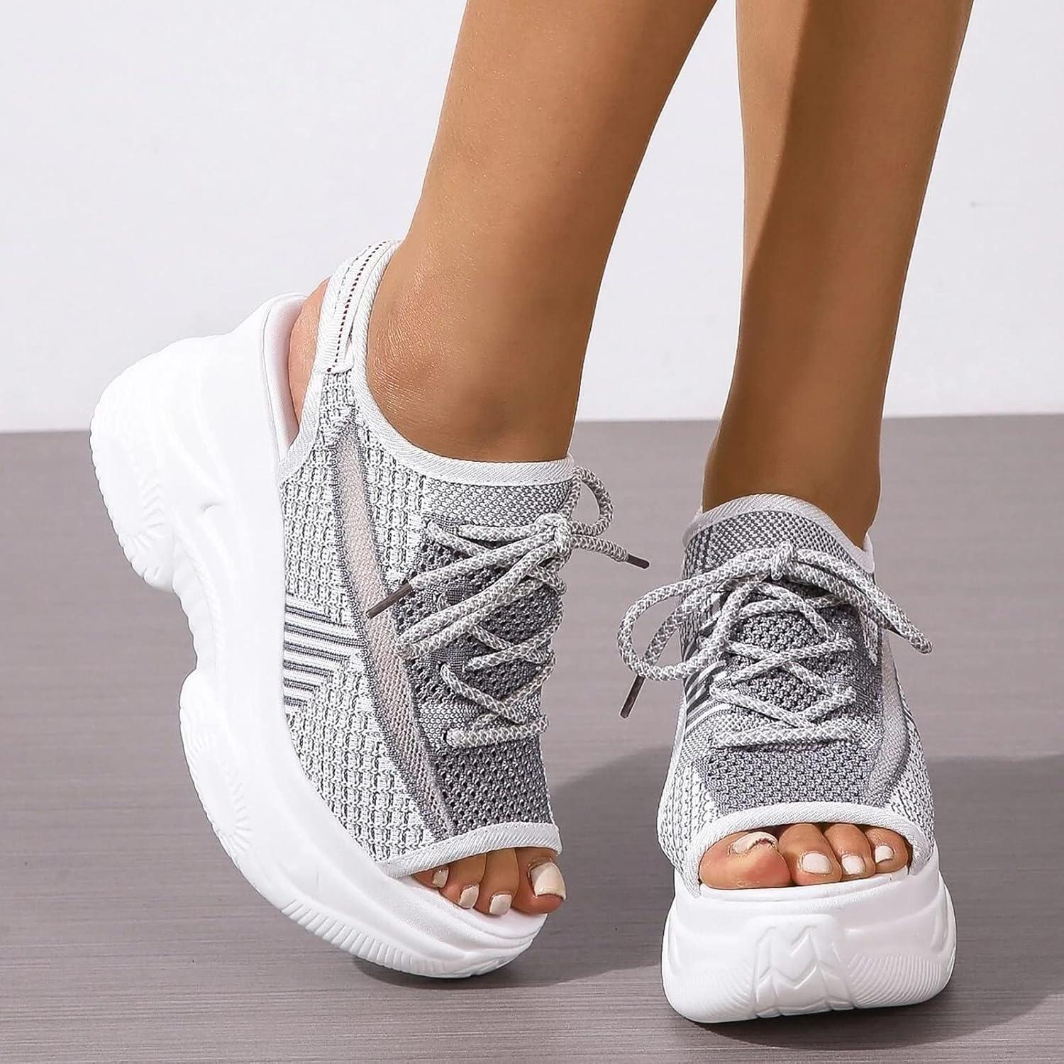 image:imageFemmes Baskets Sandales de sport lacets en tissu pour femmes t Compenses Plateforme Bout OuvertGris