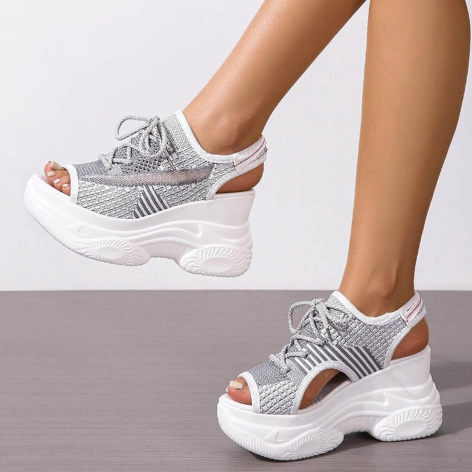 image:imageFemmes Baskets Sandales de sport lacets en tissu pour femmes t Compenses Plateforme Bout OuvertGris