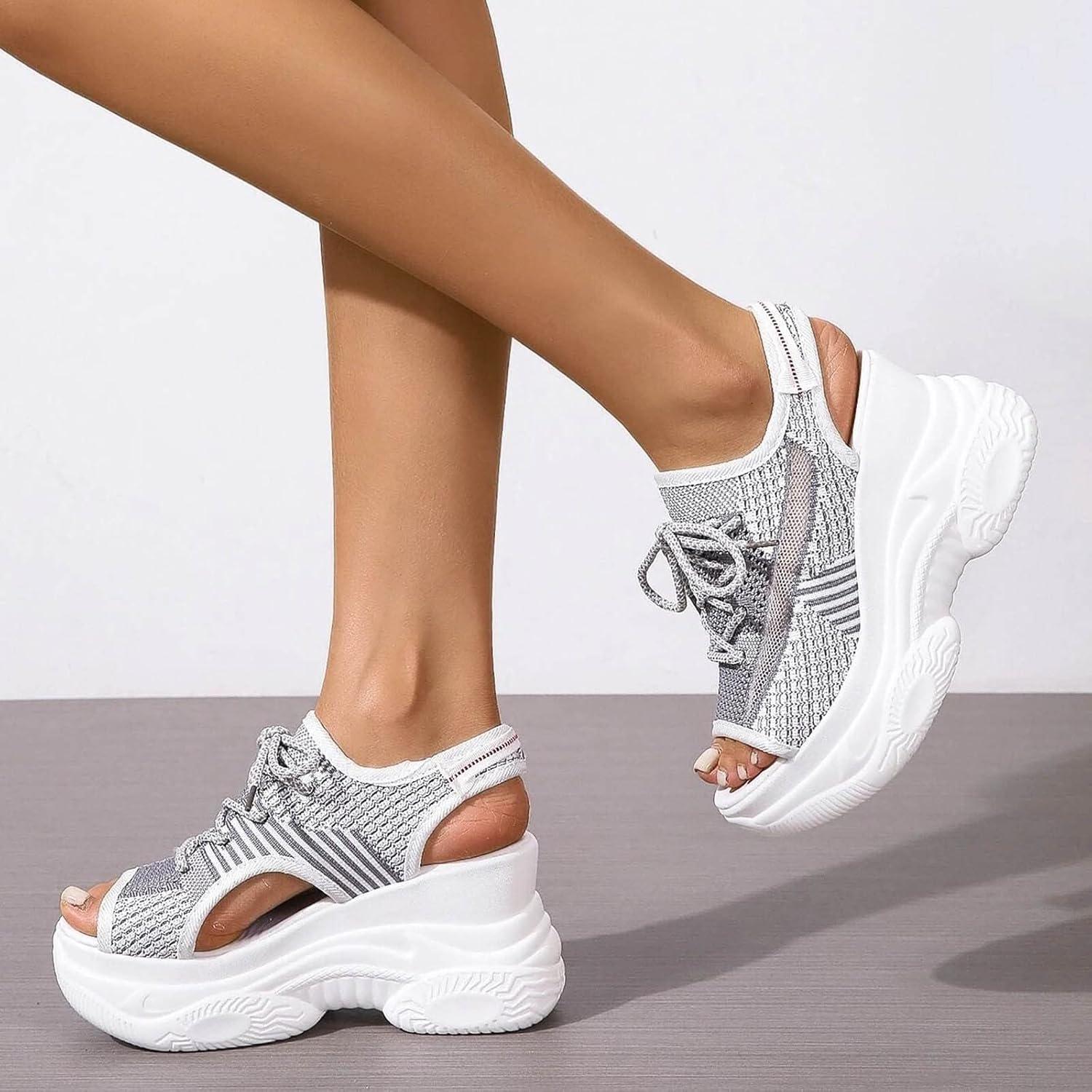 image:imageFemmes Baskets Sandales de sport lacets en tissu pour femmes t Compenses Plateforme Bout OuvertGris