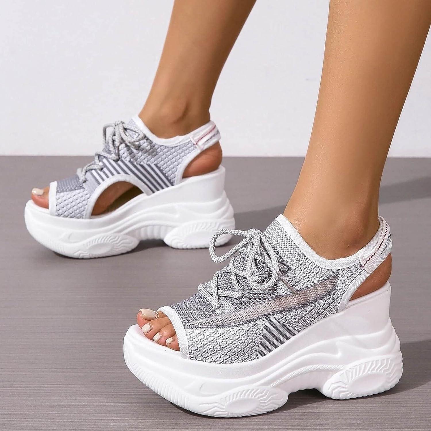 image:imageFemmes Baskets Sandales de sport lacets en tissu pour femmes t Compenses Plateforme Bout OuvertGris