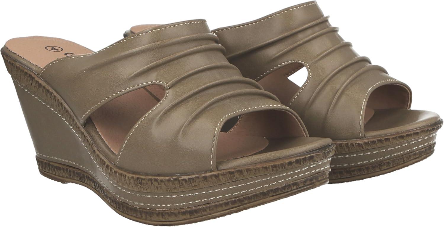 image:imageLadies Leather Lined Peep Toe Mid Wedge Mule SandalsTaupe
