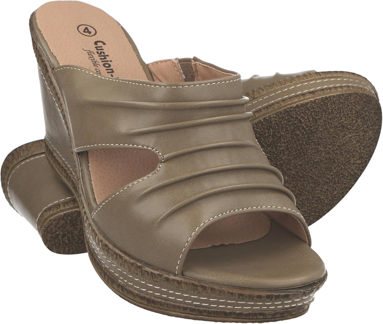image:imageLadies Leather Lined Peep Toe Mid Wedge Mule SandalsTaupe