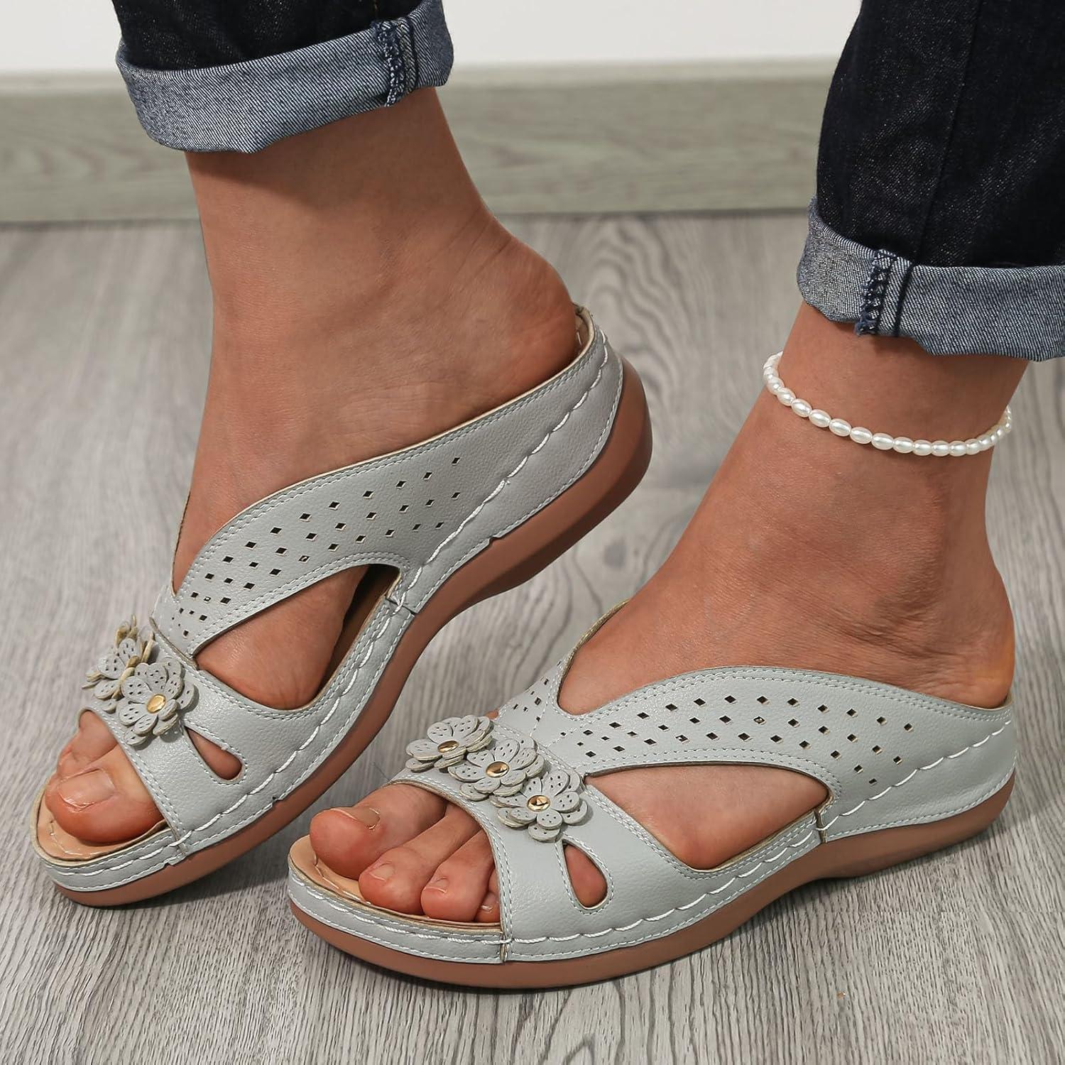 image:imageMules en Cuir pour Femme Sandales Mode Bout Ouvert Compenses Plateforme Pantoufles Premium Orthopdiques Sandales Vintage Chaussons de Plage dt04 Bleu Clair