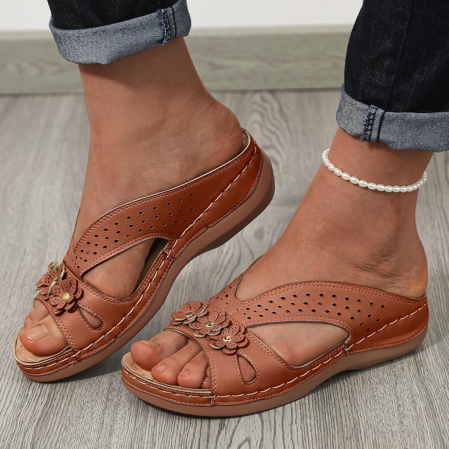 image:imageMules en Cuir pour Femme Sandales Mode Bout Ouvert Compenses Plateforme Pantoufles Premium Orthopdiques Sandales Vintage Chaussons de Plage dt04 Brun