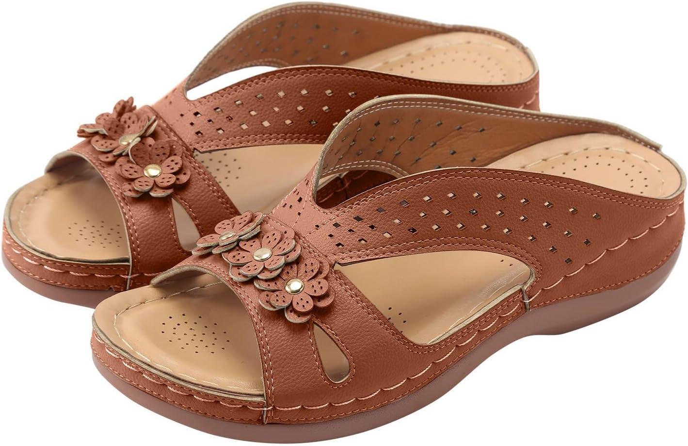 image:imageMules en Cuir pour Femme Sandales Mode Bout Ouvert Compenses Plateforme Pantoufles Premium Orthopdiques Sandales Vintage Chaussons de Plage dt04 Brun