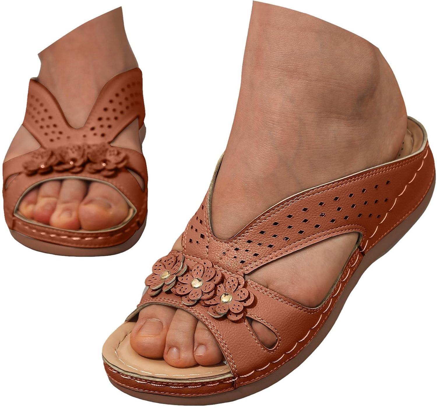 image:imageMules en Cuir pour Femme Sandales Mode Bout Ouvert Compenses Plateforme Pantoufles Premium Orthopdiques Sandales Vintage Chaussons de Plage dt04 Brun