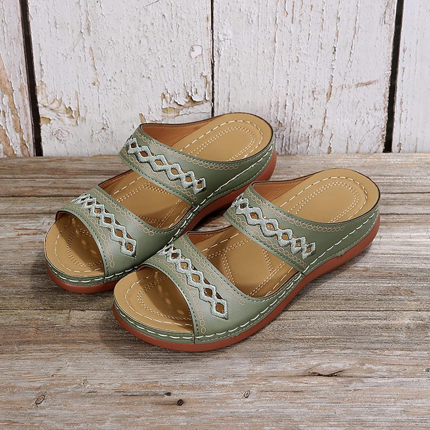 image:imageMules en Cuir pour Femme Sandales Mode Bout Ouvert Compenses Plateforme Pantoufles Premium Orthopdiques Sandales Vintage Chaussons de Plage dt05 Vert