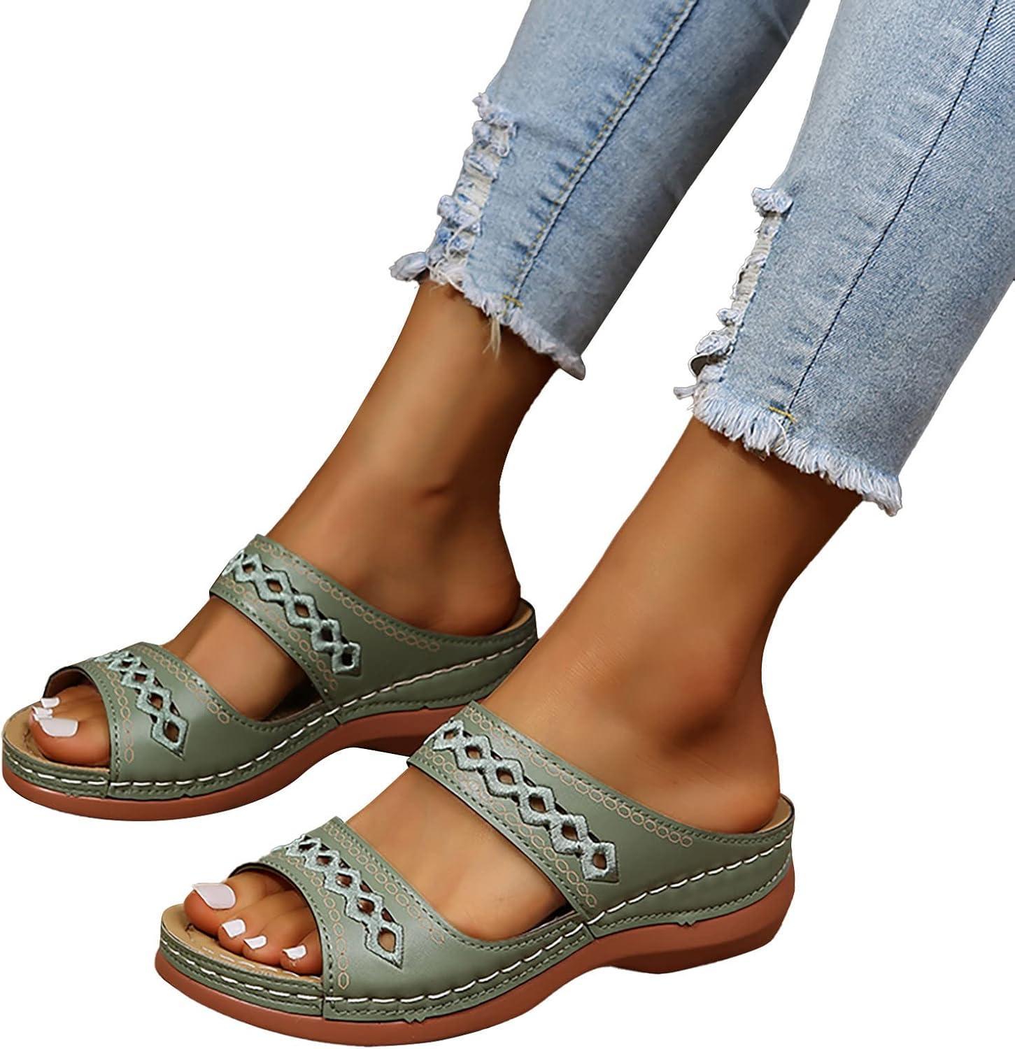 image:imageMules en Cuir pour Femme Sandales Mode Bout Ouvert Compenses Plateforme Pantoufles Premium Orthopdiques Sandales Vintage Chaussons de Plage dt05 Vert