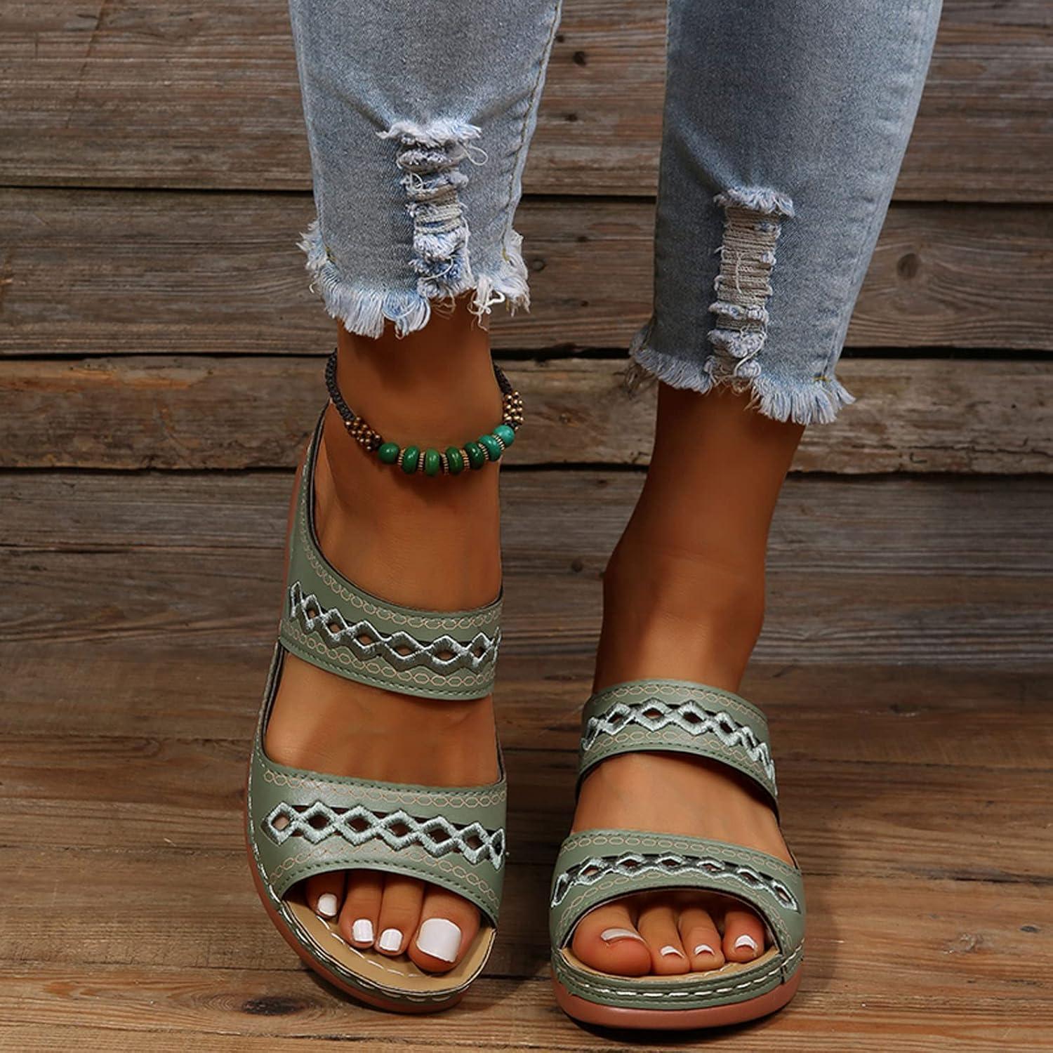 image:imageMules en Cuir pour Femme Sandales Mode Bout Ouvert Compenses Plateforme Pantoufles Premium Orthopdiques Sandales Vintage Chaussons de Plage dt05 Vert