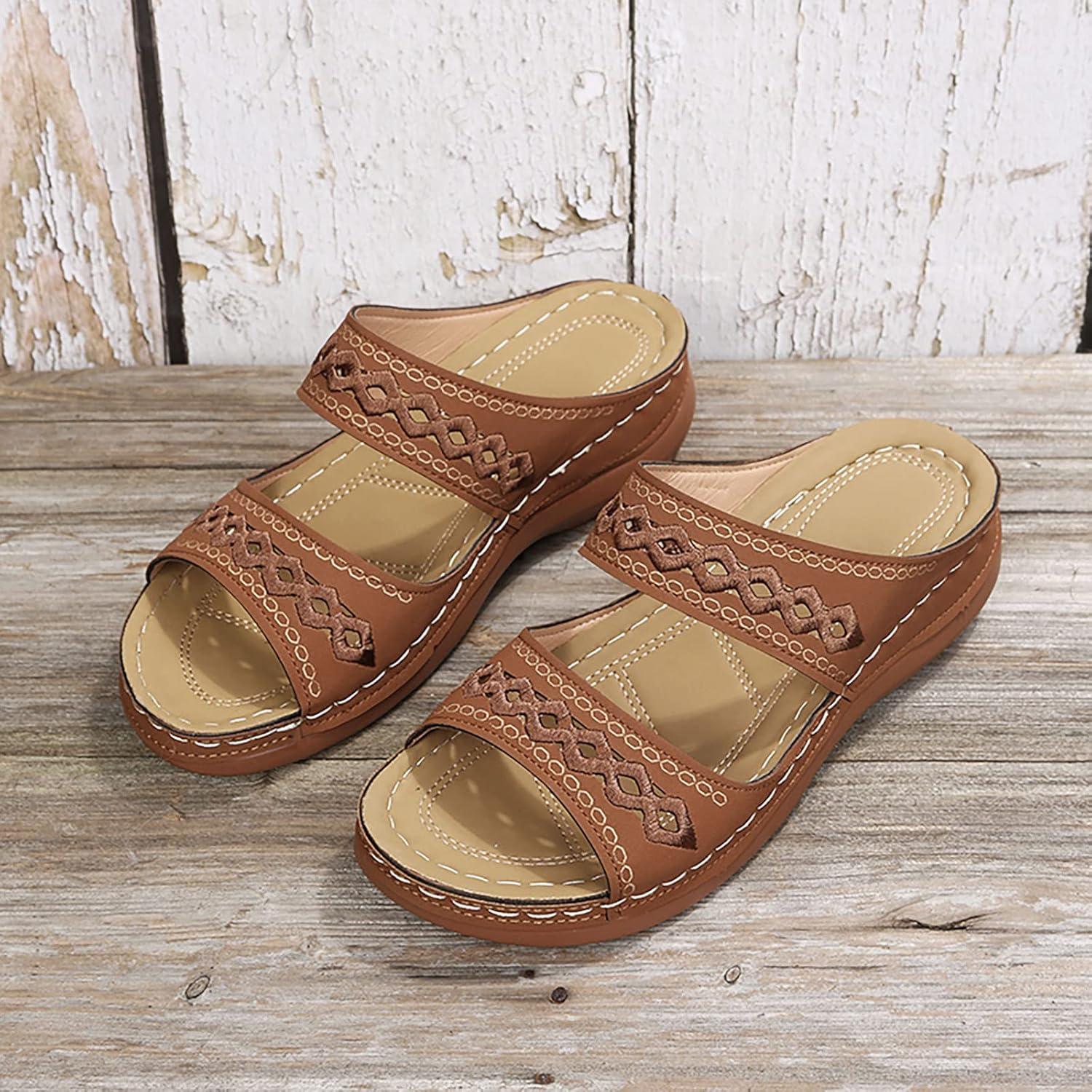 image:imageMules en Cuir pour Femme Sandales Mode Bout Ouvert Compenses Plateforme Pantoufles Premium Orthopdiques Sandales Vintage Chaussons de Plage dt06 Brun