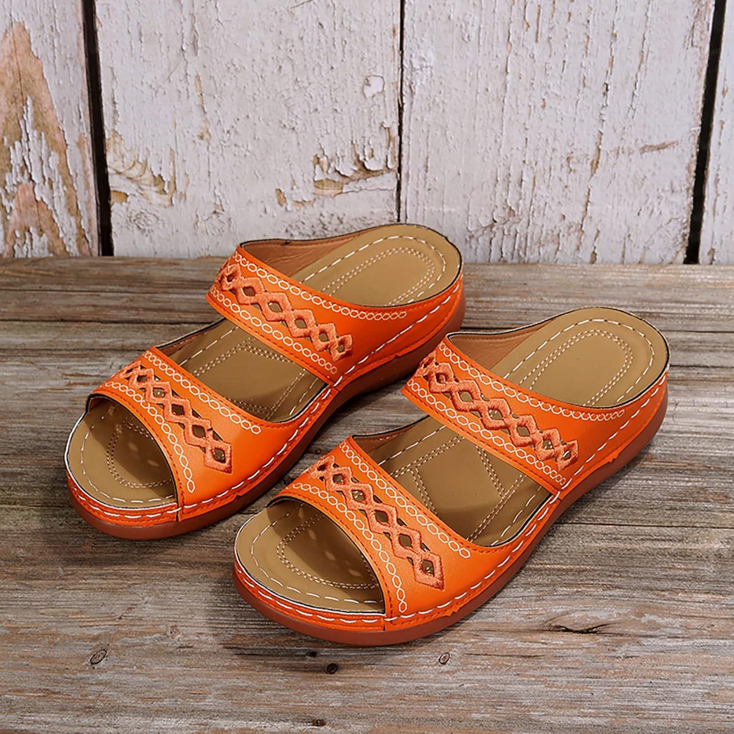 image:imageMules en Cuir pour Femme Sandales Mode Bout Ouvert Compenses Plateforme Pantoufles Premium Orthopdiques Sandales Vintage Chaussons de Plage dt06 Orange