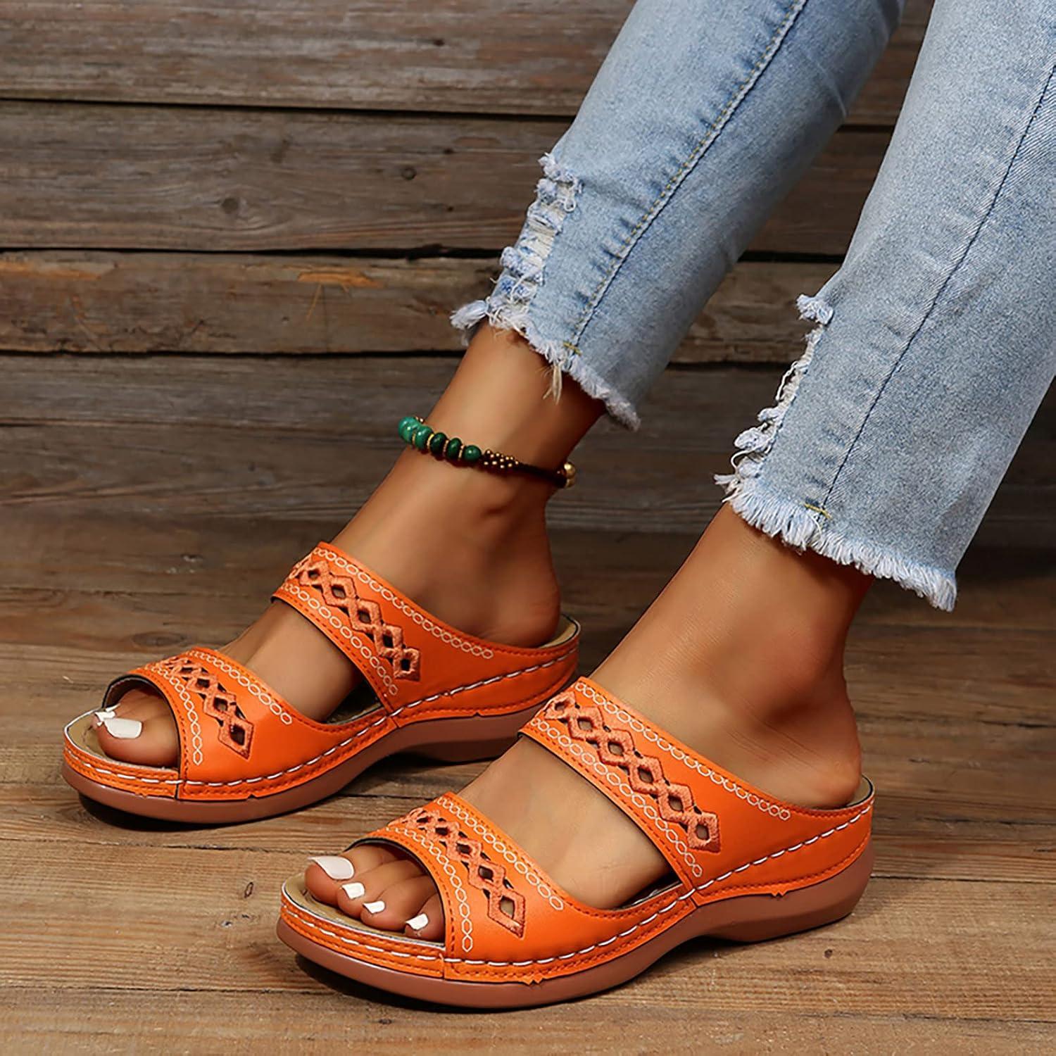 image:imageMules en Cuir pour Femme Sandales Mode Bout Ouvert Compenses Plateforme Pantoufles Premium Orthopdiques Sandales Vintage Chaussons de Plage dt06 Orange