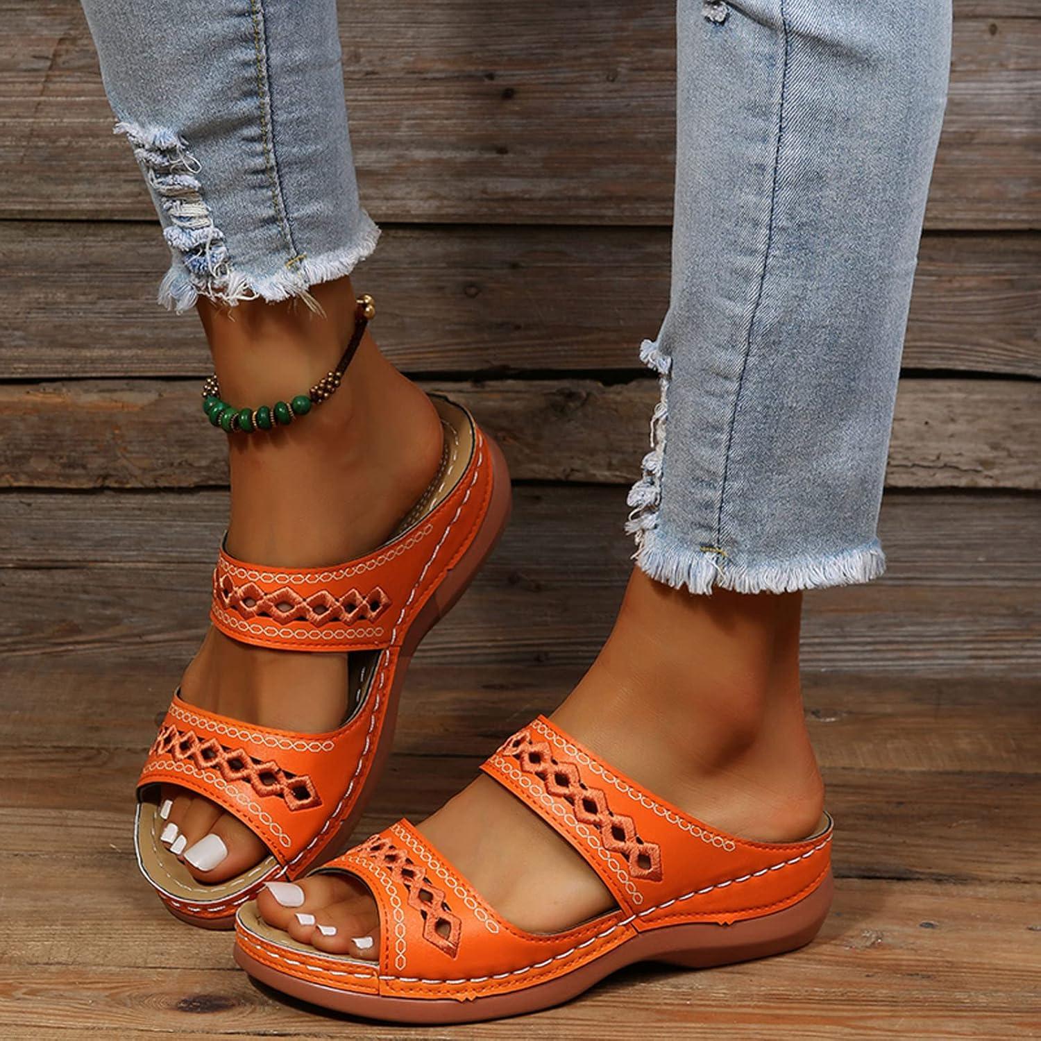 image:imageMules en Cuir pour Femme Sandales Mode Bout Ouvert Compenses Plateforme Pantoufles Premium Orthopdiques Sandales Vintage Chaussons de Plage dt06 Orange