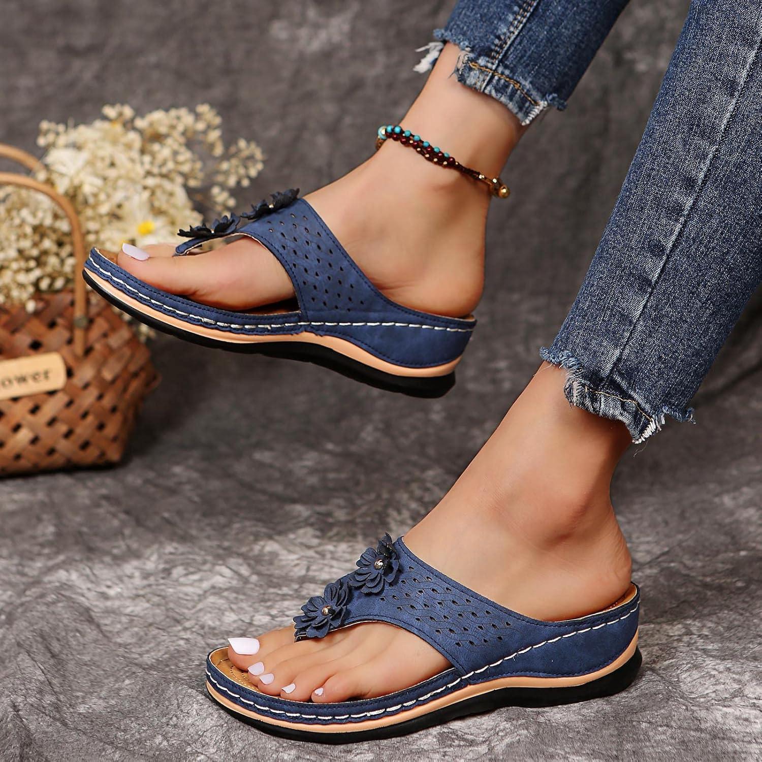 image:imageMules en Cuir pour Femme Sandales Mode Bout Ouvert Compenses Plateforme Pantoufles Premium Orthopdiques Sandales Vintage Chaussons de Plage dt07 Bleu