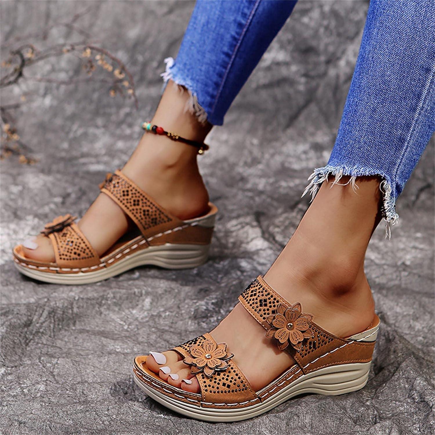 image:imageMules en Cuir pour Femme Sandales Mode Bout Ouvert Compenses Plateforme Pantoufles Premium Orthopdiques Sandales Vintage Chaussons de Plage dt09 Brun