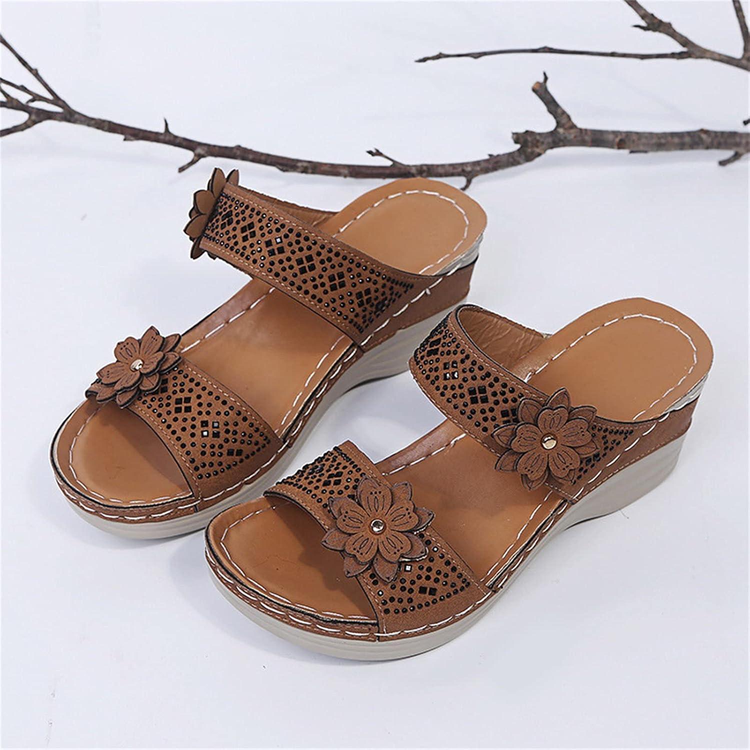 image:imageMules en Cuir pour Femme Sandales Mode Bout Ouvert Compenses Plateforme Pantoufles Premium Orthopdiques Sandales Vintage Chaussons de Plage dt09 Brun