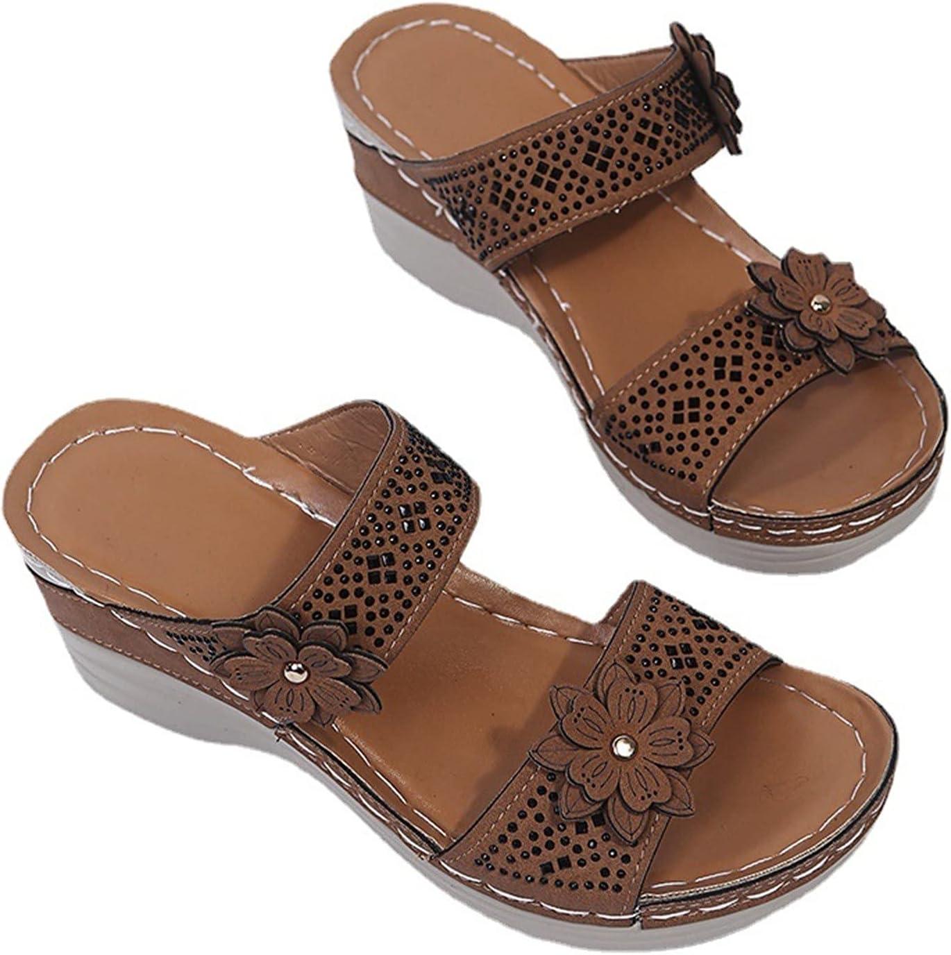 image:imageMules en Cuir pour Femme Sandales Mode Bout Ouvert Compenses Plateforme Pantoufles Premium Orthopdiques Sandales Vintage Chaussons de Plage dt09 Brun