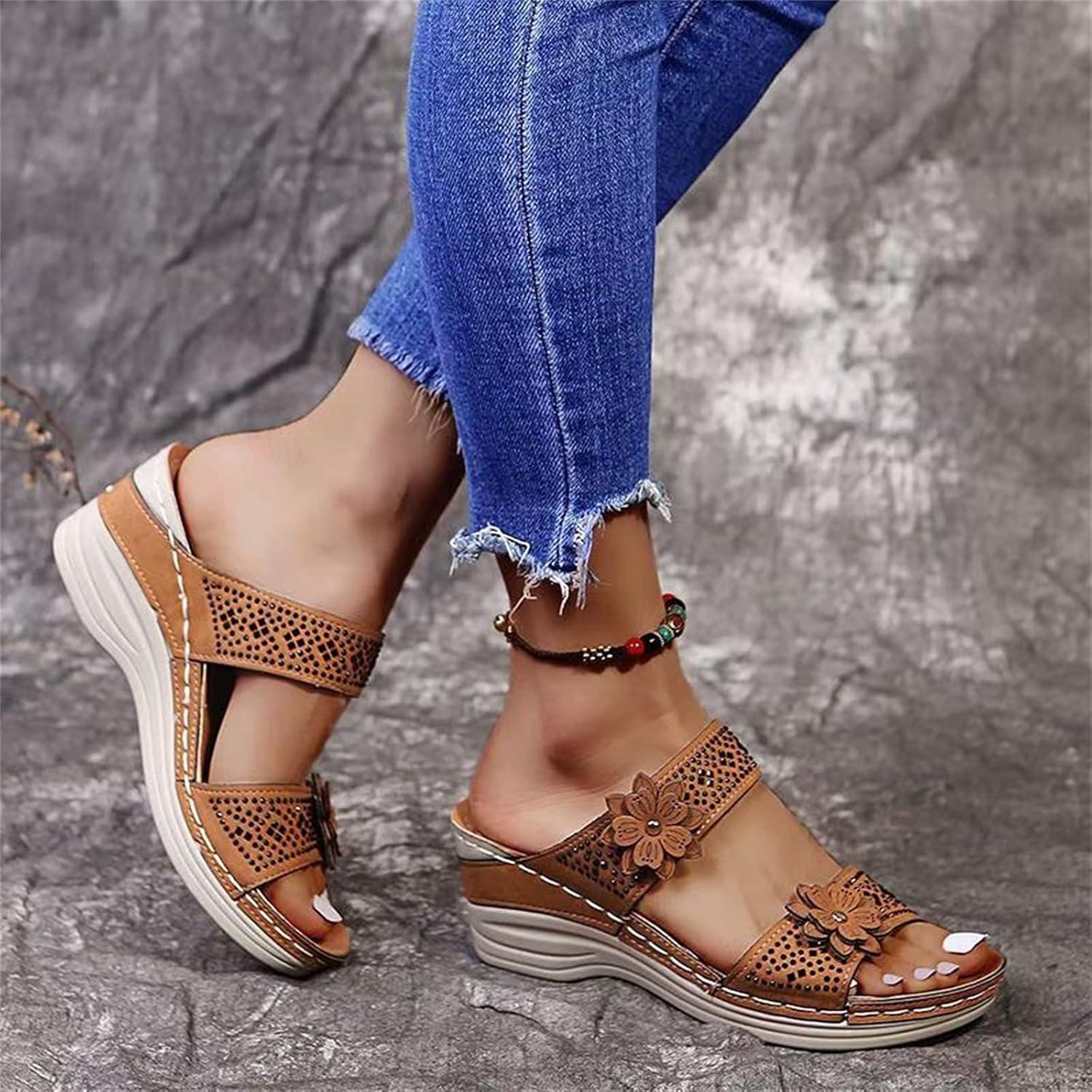 image:imageMules en Cuir pour Femme Sandales Mode Bout Ouvert Compenses Plateforme Pantoufles Premium Orthopdiques Sandales Vintage Chaussons de Plage dt09 Brun
