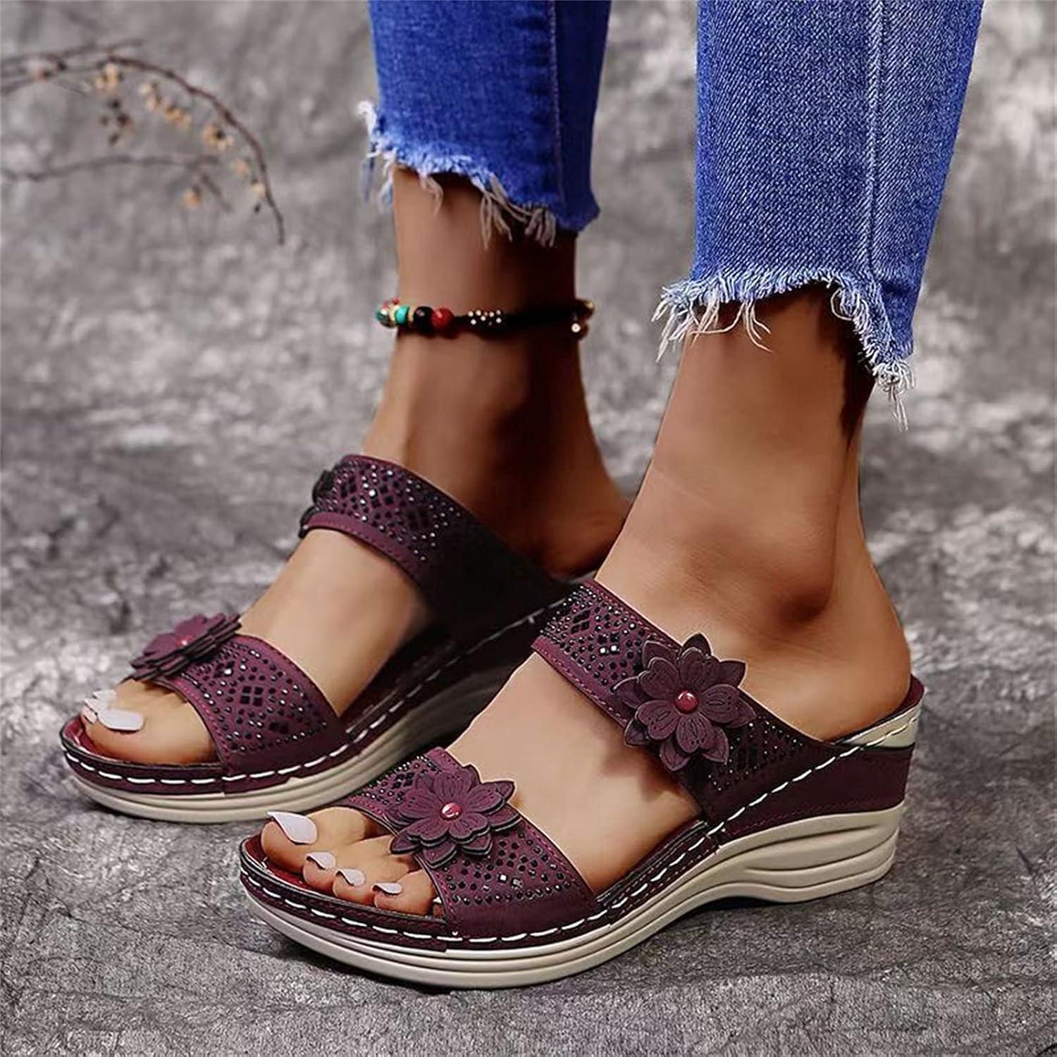 image:imageMules en Cuir pour Femme Sandales Mode Bout Ouvert Compenses Plateforme Pantoufles Premium Orthopdiques Sandales Vintage Chaussons de Plage dt09 Vin