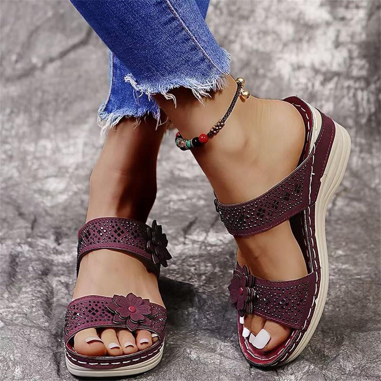 image:imageMules en Cuir pour Femme Sandales Mode Bout Ouvert Compenses Plateforme Pantoufles Premium Orthopdiques Sandales Vintage Chaussons de Plage dt09 Vin
