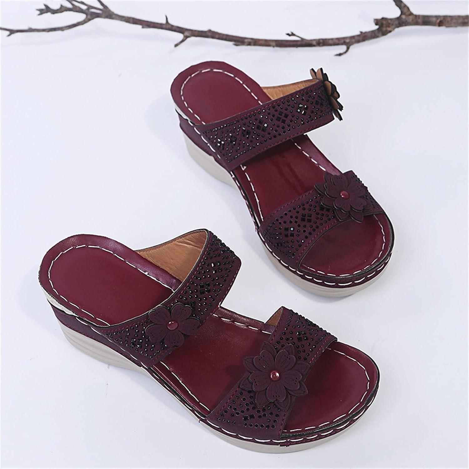 image:imageMules en Cuir pour Femme Sandales Mode Bout Ouvert Compenses Plateforme Pantoufles Premium Orthopdiques Sandales Vintage Chaussons de Plage dt09 Vin