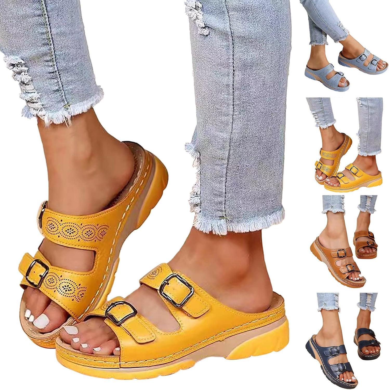 image:imageMules en Cuir pour Femme Sandales Mode Bout Ouvert Compenses Plateforme Pantoufles Premium Orthopdiques Sandales Vintage Chaussons de Plage dt10 Bleu02