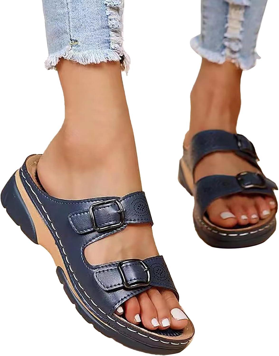 image:imageMules en Cuir pour Femme Sandales Mode Bout Ouvert Compenses Plateforme Pantoufles Premium Orthopdiques Sandales Vintage Chaussons de Plage dt10 Bleu02