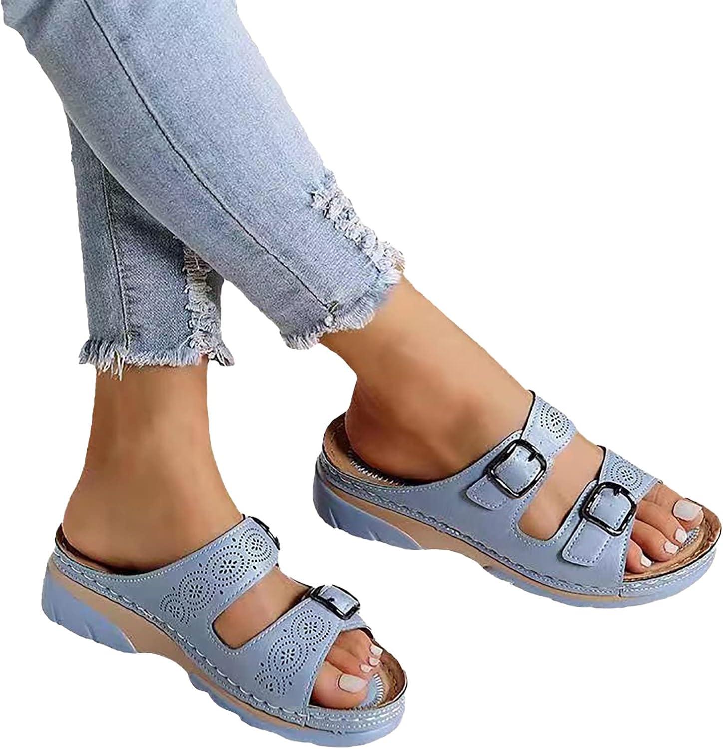 image:imageMules en Cuir pour Femme Sandales Mode Bout Ouvert Compenses Plateforme Pantoufles Premium Orthopdiques Sandales Vintage Chaussons de Plage dt10 Bleu01