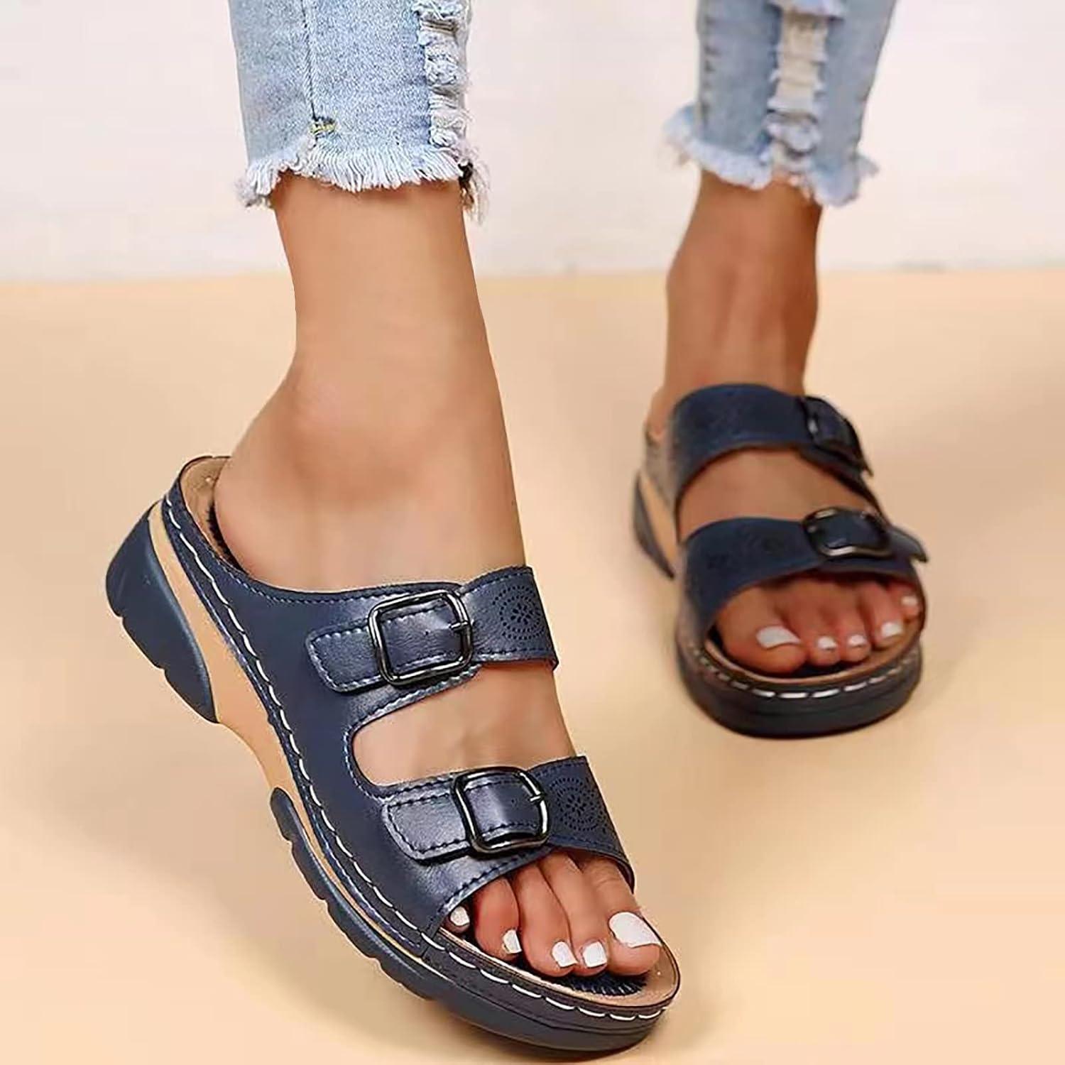 image:imageMules en Cuir pour Femme Sandales Mode Bout Ouvert Compenses Plateforme Pantoufles Premium Orthopdiques Sandales Vintage Chaussons de Plage dt10 Bleu02