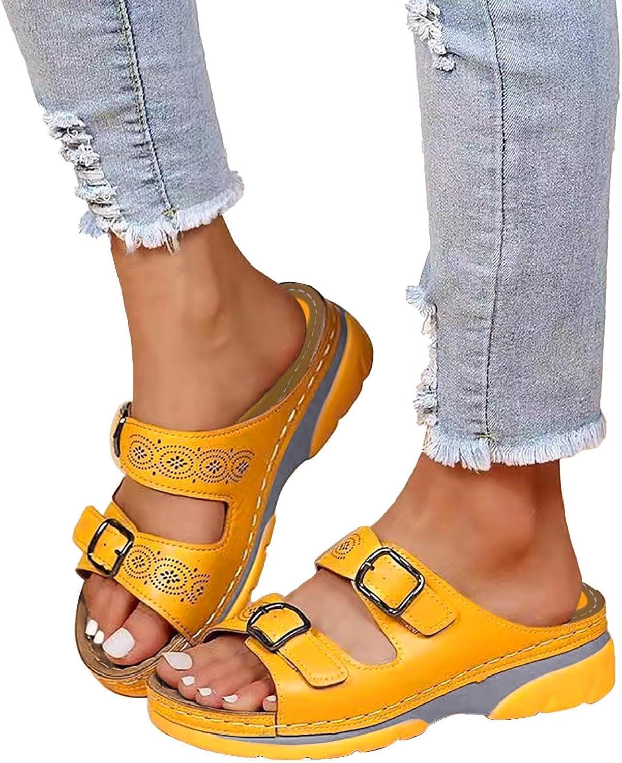 image:imageMules en Cuir pour Femme Sandales Mode Bout Ouvert Compenses Plateforme Pantoufles Premium Orthopdiques Sandales Vintage Chaussons de Plage dt10 Jaune