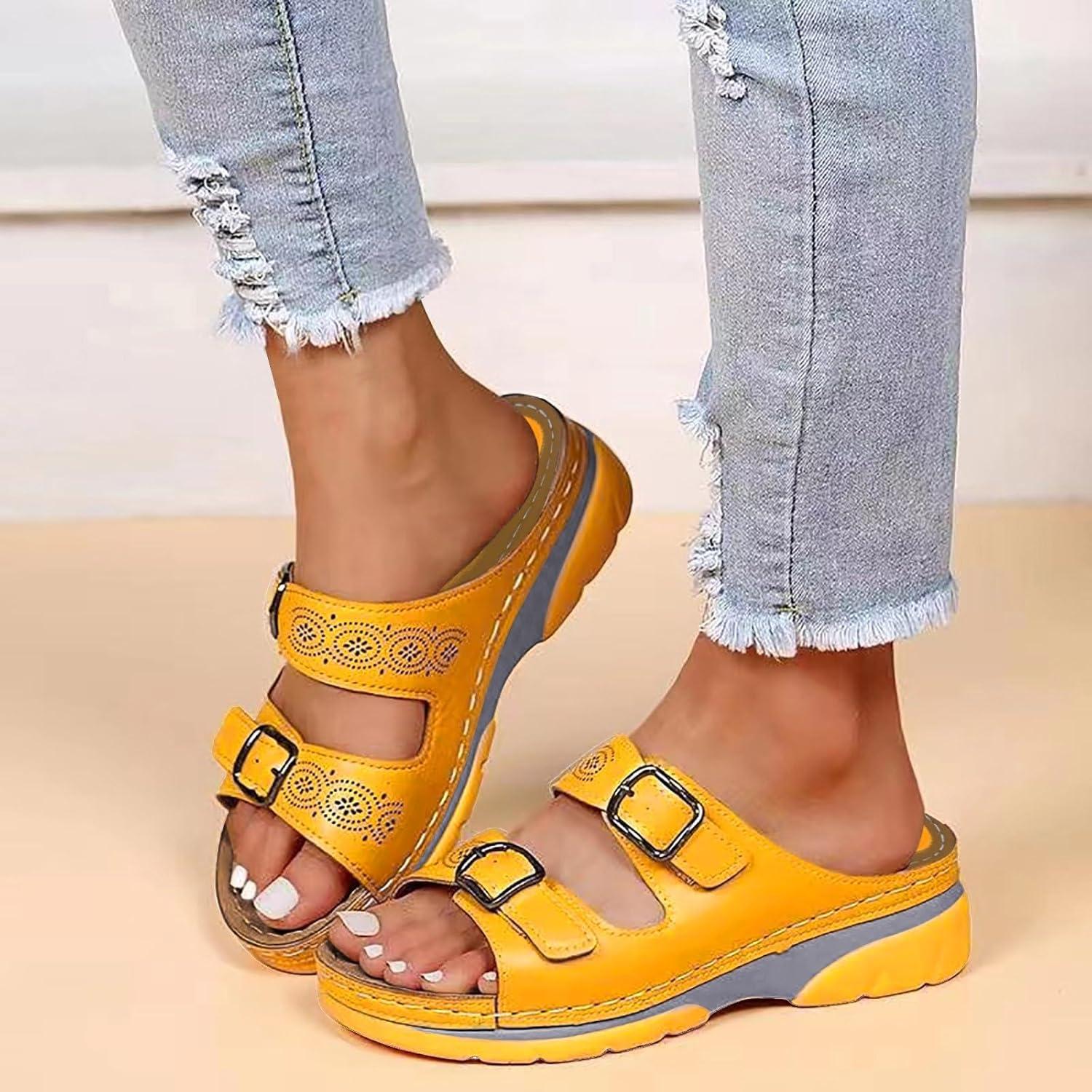 image:imageMules en Cuir pour Femme Sandales Mode Bout Ouvert Compenses Plateforme Pantoufles Premium Orthopdiques Sandales Vintage Chaussons de Plage dt10 Jaune
