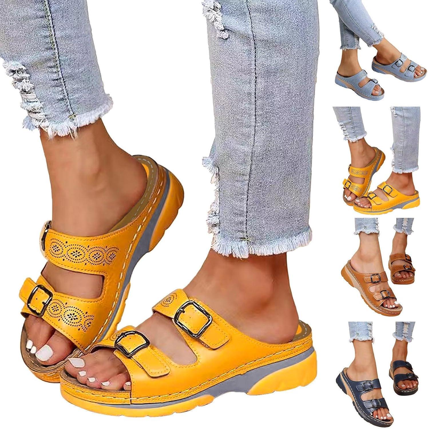 image:imageMules en Cuir pour Femme Sandales Mode Bout Ouvert Compenses Plateforme Pantoufles Premium Orthopdiques Sandales Vintage Chaussons de Plage dt10 Jaune