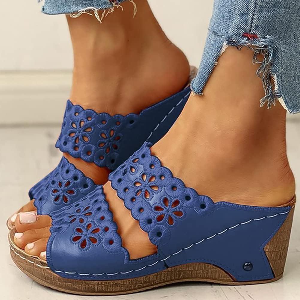 image:imageOnsoyours Sandales Compensees Femme Confortable Mules t Plateforme Bout Ouvert Rome Chaussures Vintage Pantoufles pour Plage Vacances SlippersA Bleu