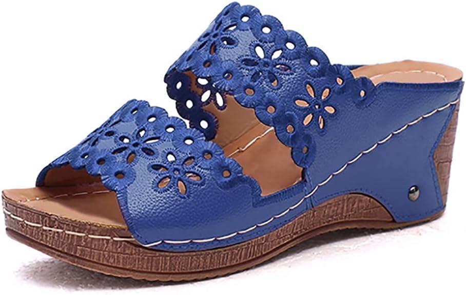 image:imageOnsoyours Sandales Compensees Femme Confortable Mules t Plateforme Bout Ouvert Rome Chaussures Vintage Pantoufles pour Plage Vacances SlippersA Bleu