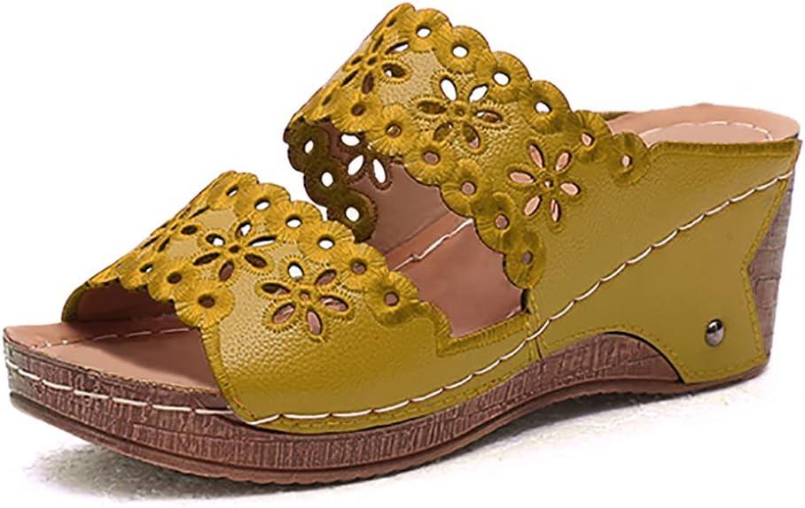 image:imageOnsoyours Sandales Compensees Femme Confortable Mules t Plateforme Bout Ouvert Rome Chaussures Vintage Pantoufles pour Plage Vacances SlippersA Jaune