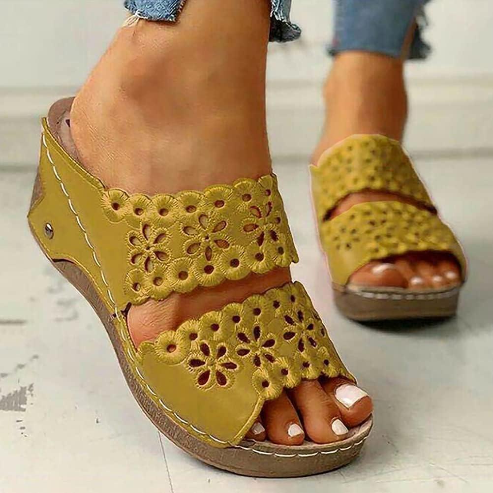 image:imageOnsoyours Sandales Compensees Femme Confortable Mules t Plateforme Bout Ouvert Rome Chaussures Vintage Pantoufles pour Plage Vacances SlippersA Jaune