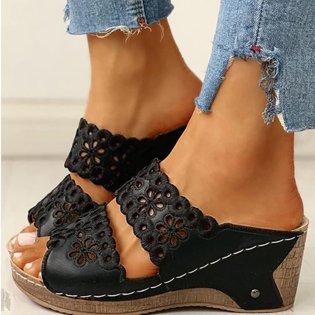 image:imageOnsoyours Sandales Compensees Femme Confortable Mules t Plateforme Bout Ouvert Rome Chaussures Vintage Pantoufles pour Plage Vacances SlippersA Noir