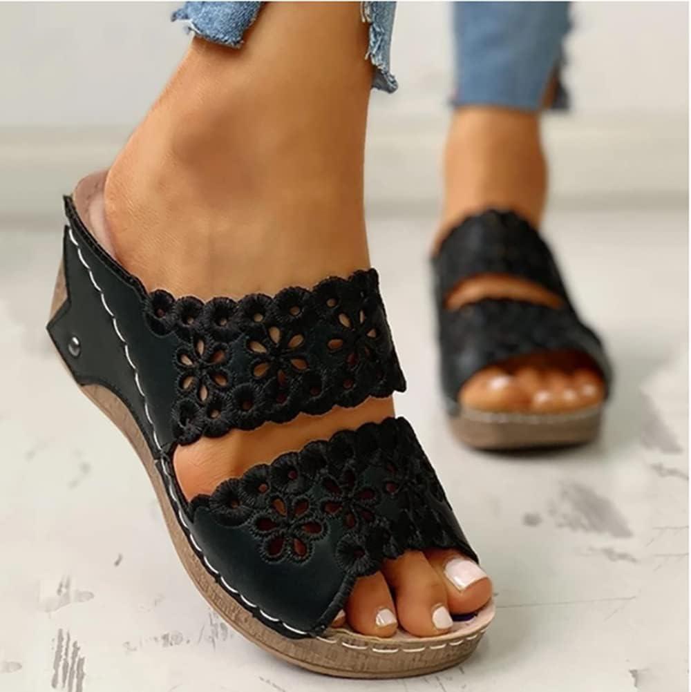 image:imageOnsoyours Sandales Compensees Femme Confortable Mules t Plateforme Bout Ouvert Rome Chaussures Vintage Pantoufles pour Plage Vacances SlippersA Noir