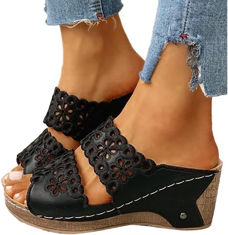 image:imageOnsoyours Sandales Compensees Femme Confortable Mules t Plateforme Bout Ouvert Rome Chaussures Vintage Pantoufles pour Plage Vacances SlippersA Noir