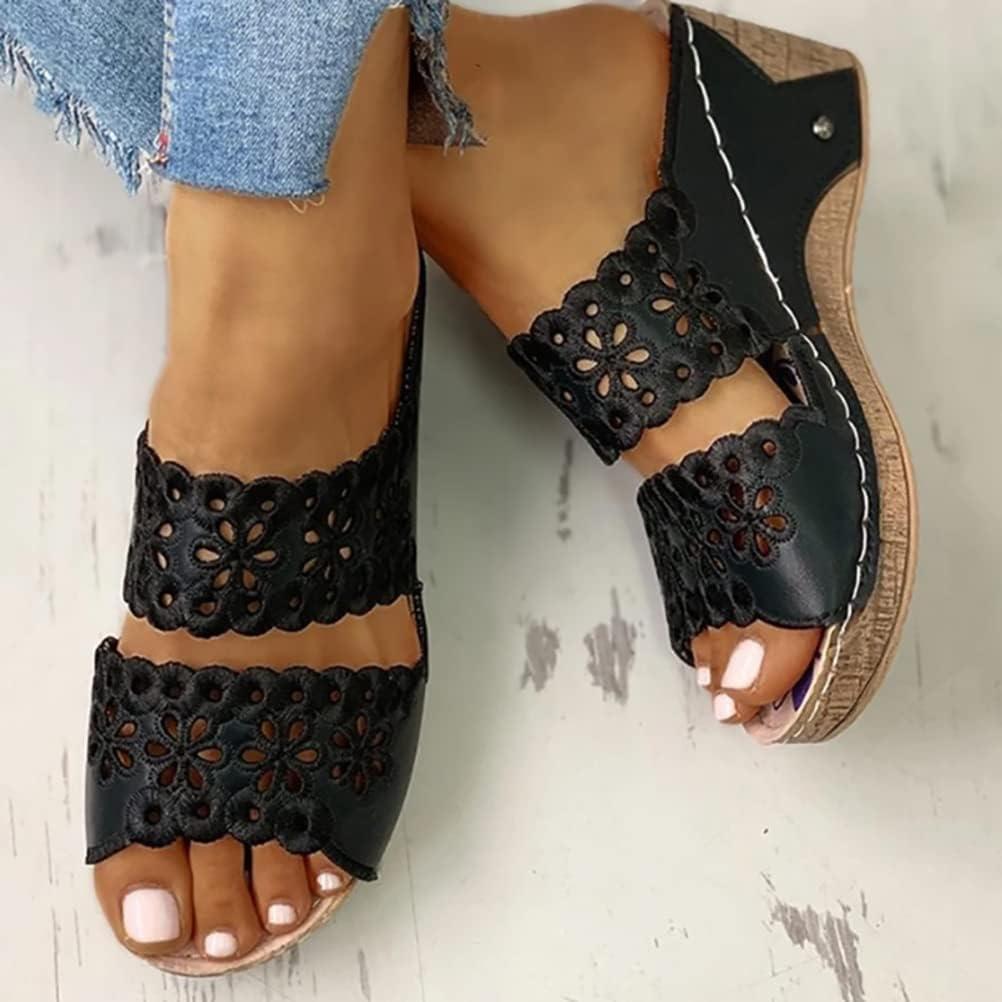 image:imageOnsoyours Sandales Compensees Femme Confortable Mules t Plateforme Bout Ouvert Rome Chaussures Vintage Pantoufles pour Plage Vacances SlippersA Noir